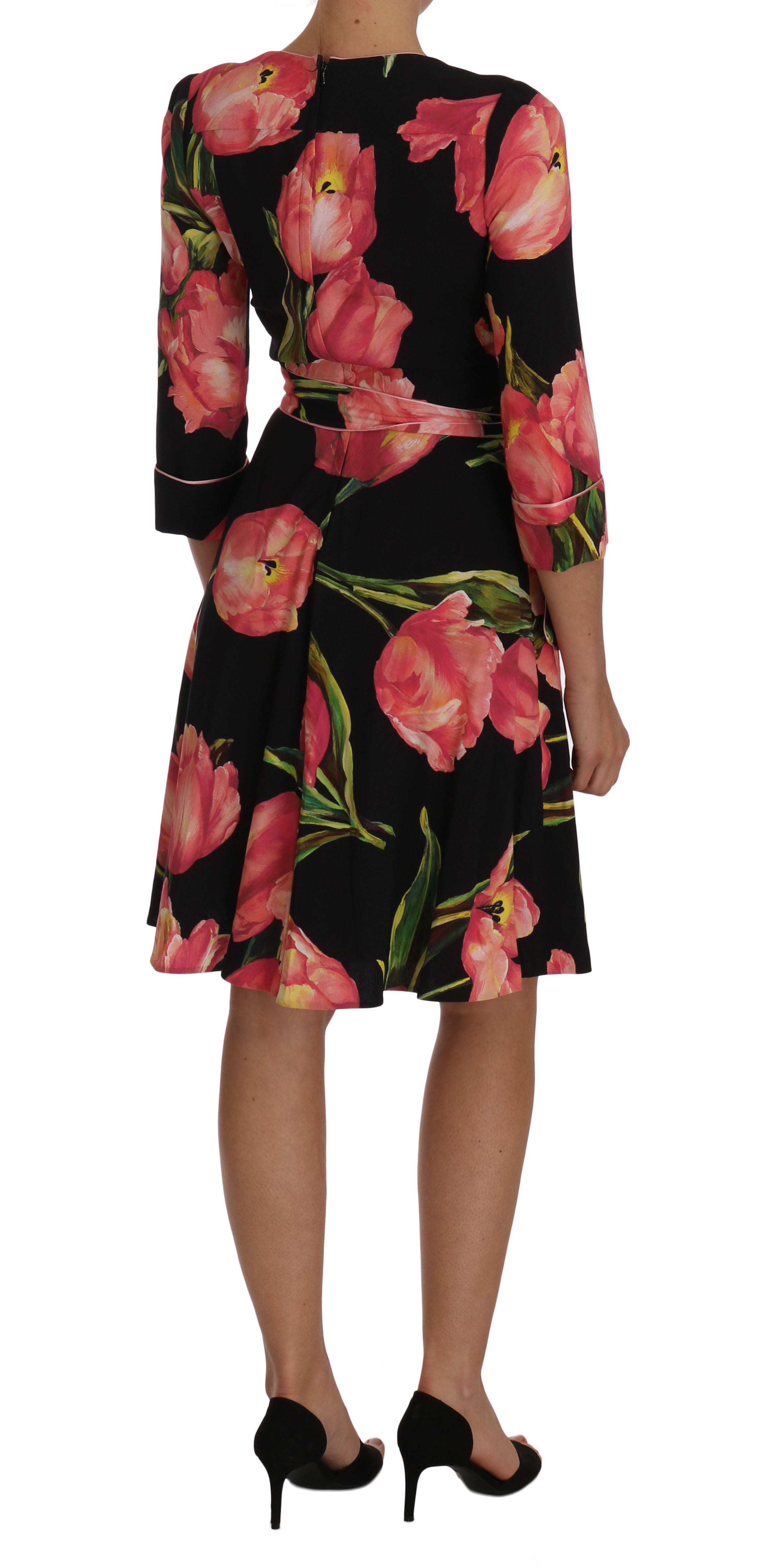 Elegant Black Shift Dress with Pink Tulips Print - ventzia
