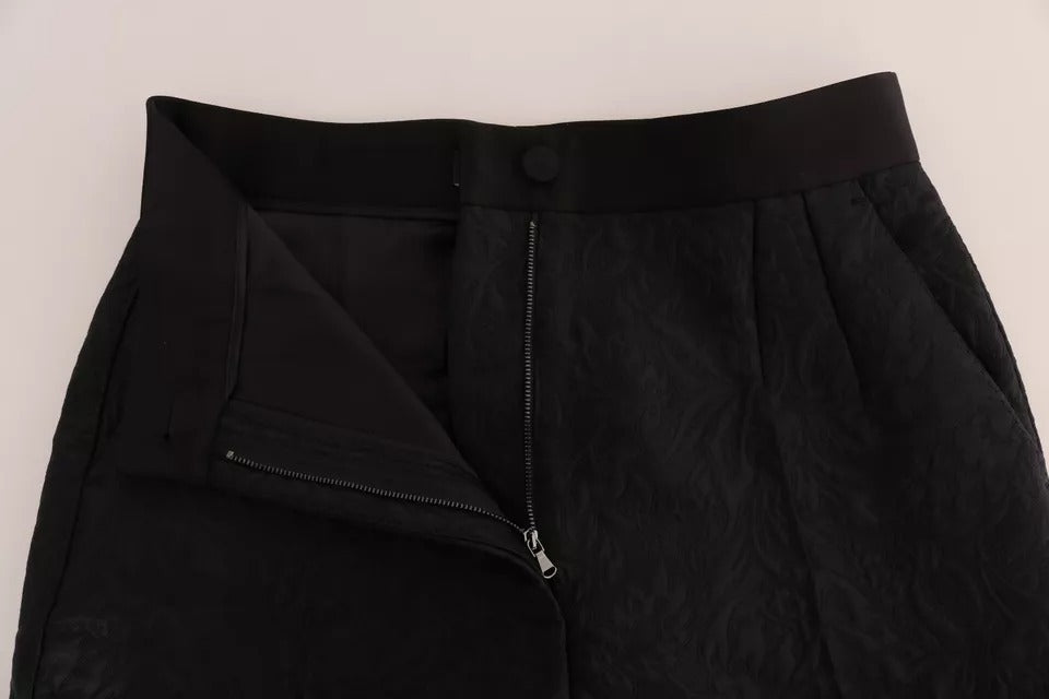 Black Floral Brocade High Waist Pants - ventzia