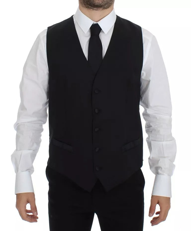 Black Wool Silk Dress Gilet Jacket Vest - ventzia