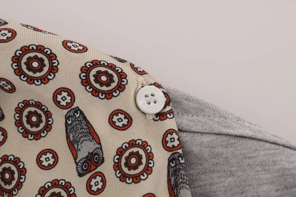 Gray Cotton Owl Silk Scarf Top T-shirt - ventzia