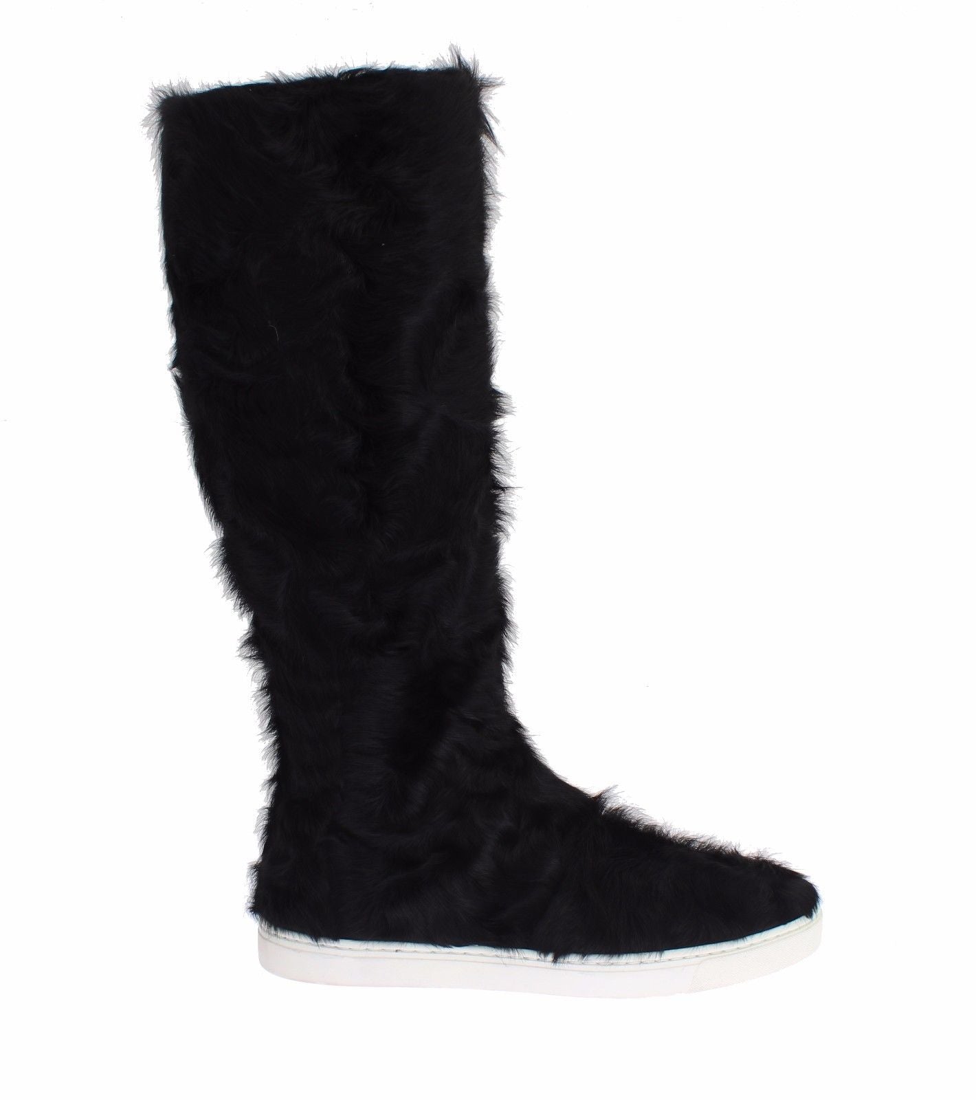 Elegant Black Fur Leather Flat Sneaker Boots - ventzia