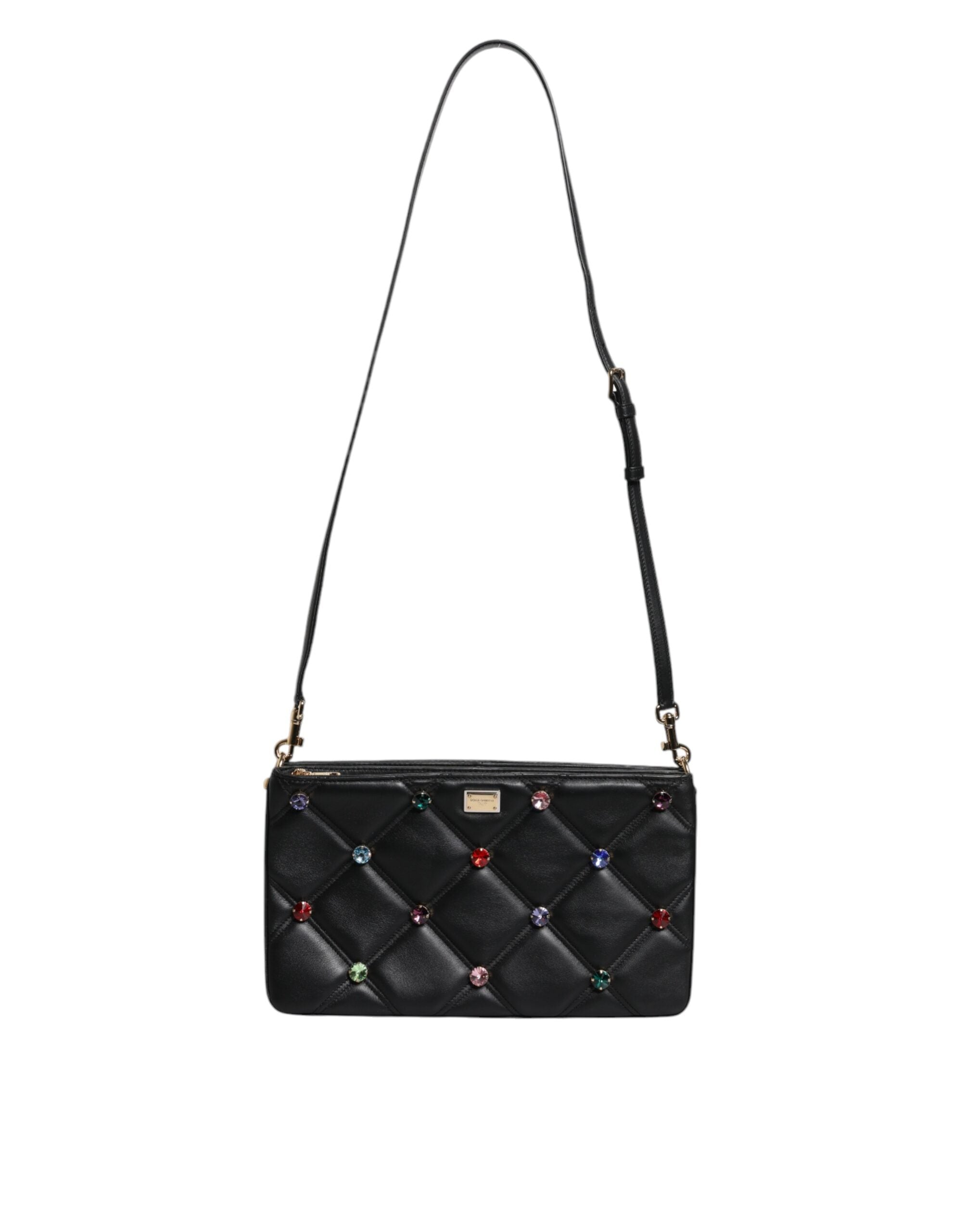 Black Leather Crystal Embellished Logo Shoulder Bag - ventzia