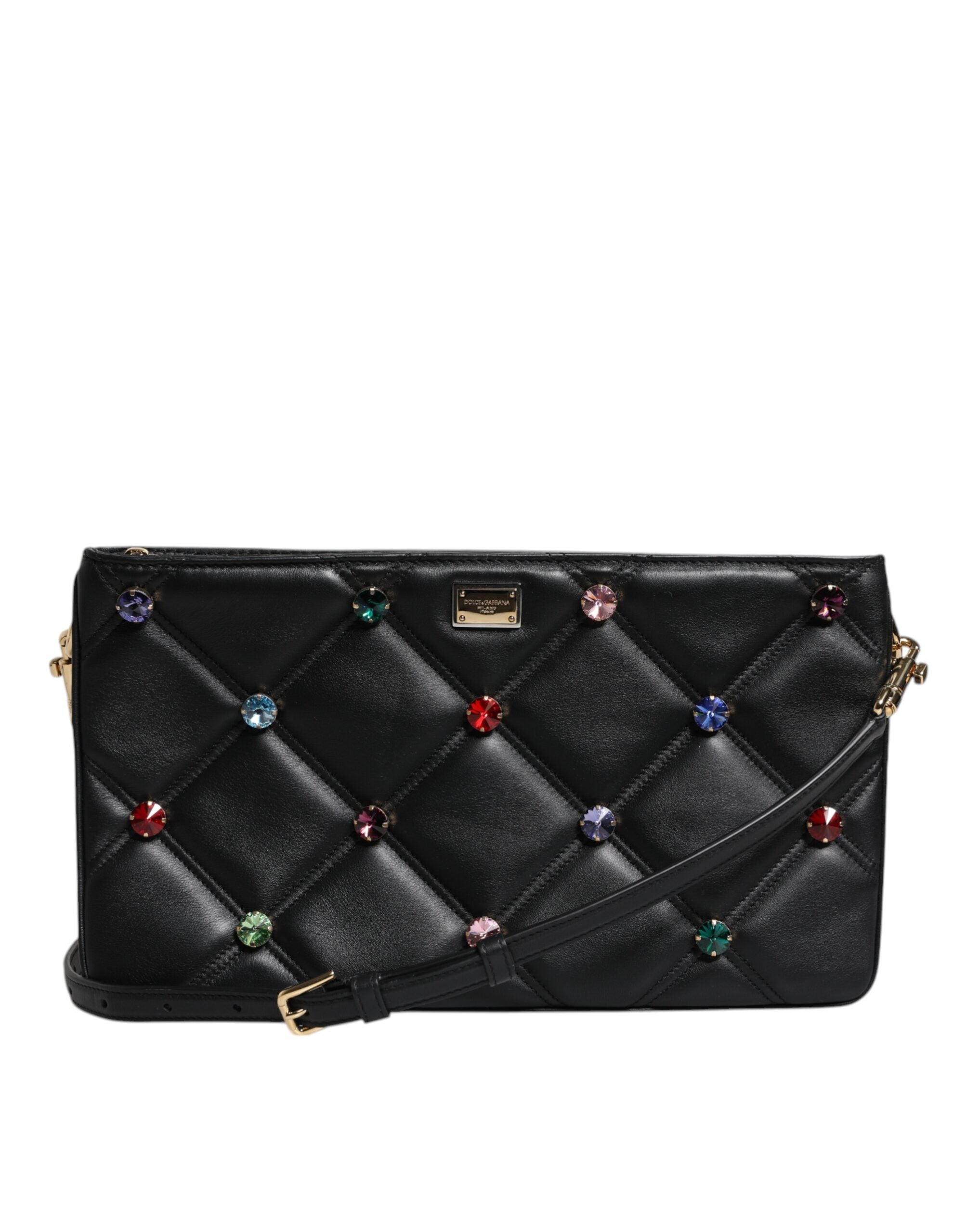Black Leather Crystal Embellished Logo Shoulder Bag - ventzia