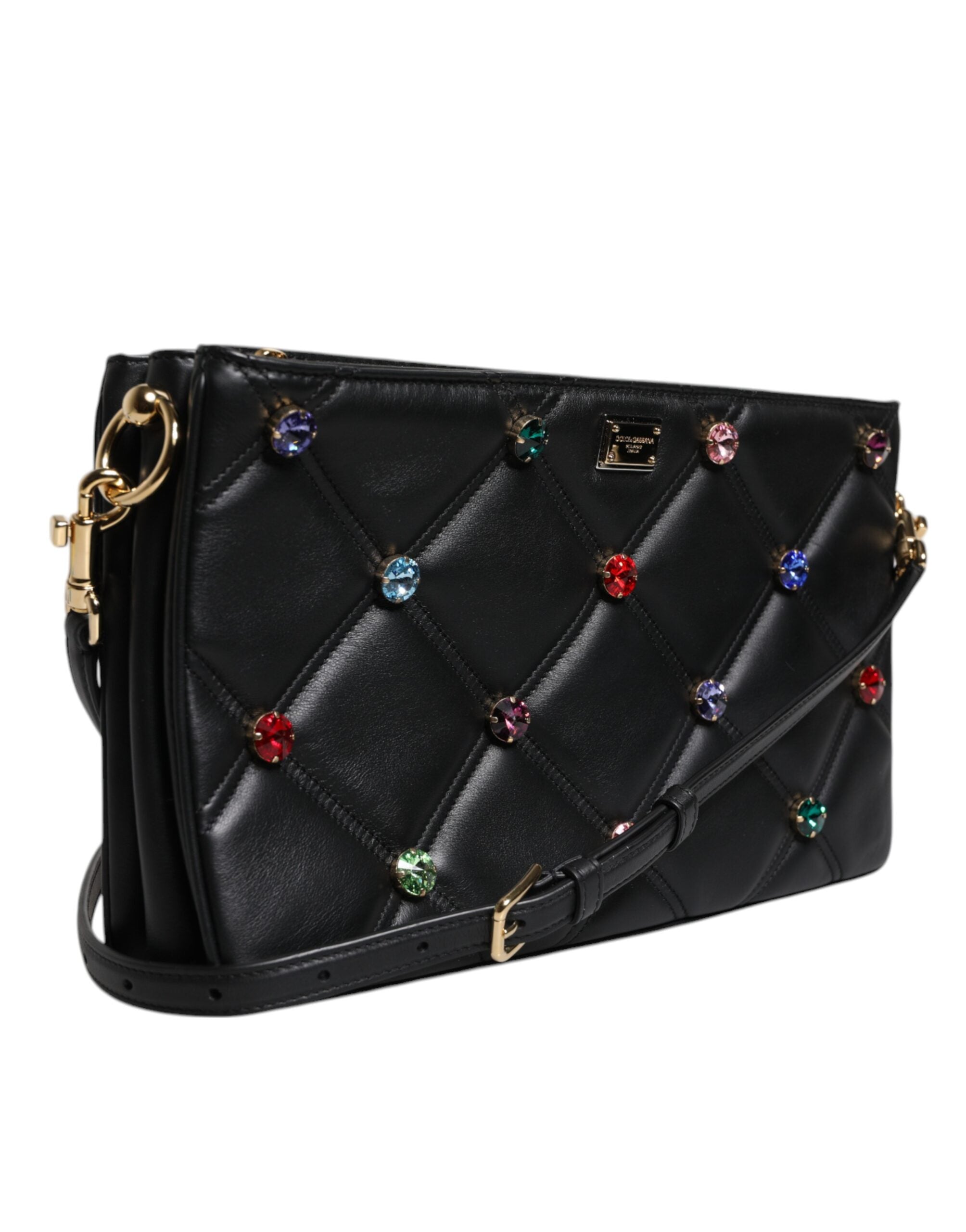 Black Leather Crystal Embellished Logo Shoulder Bag - ventzia