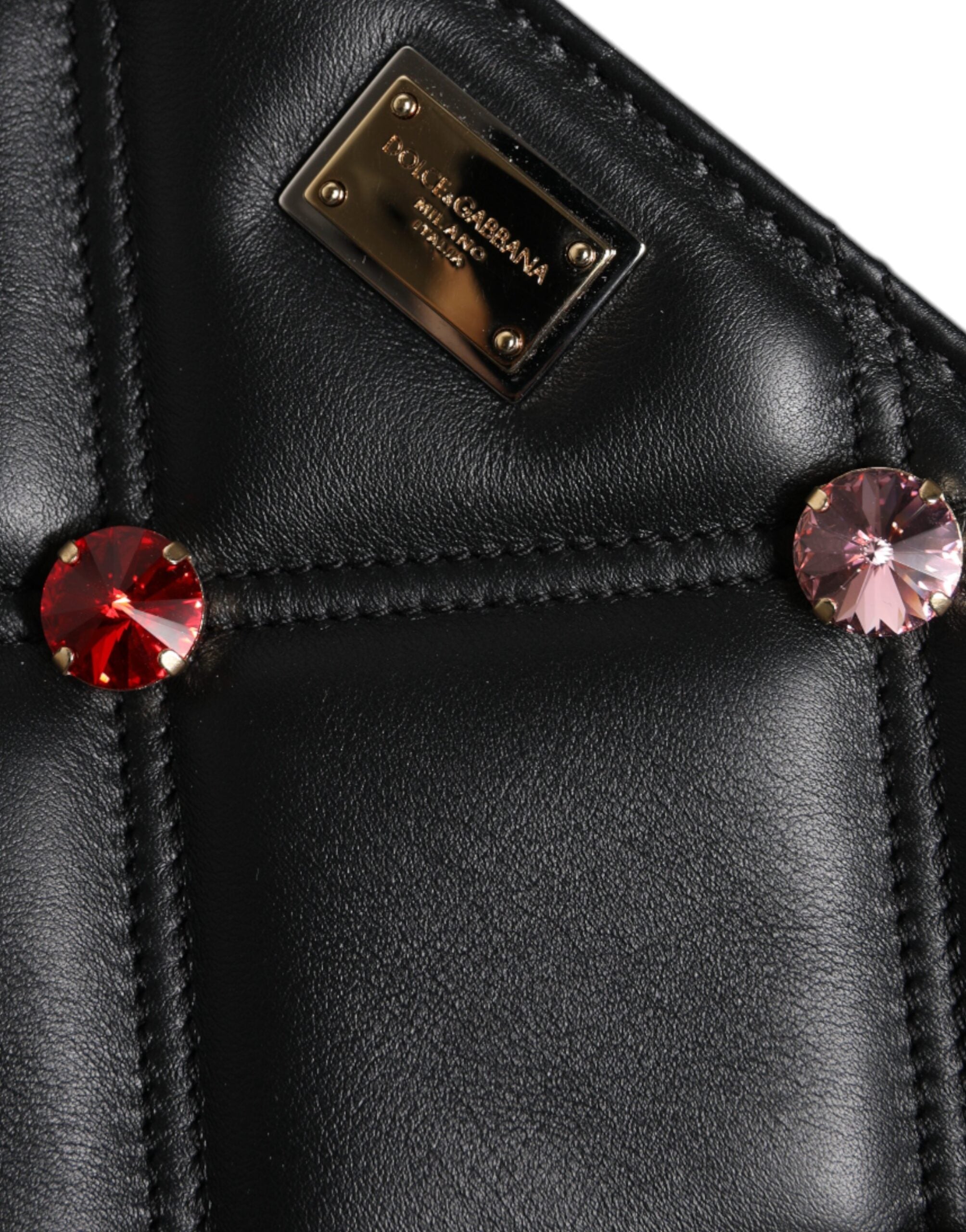 Black Leather Crystal Embellished Logo Shoulder Bag - ventzia