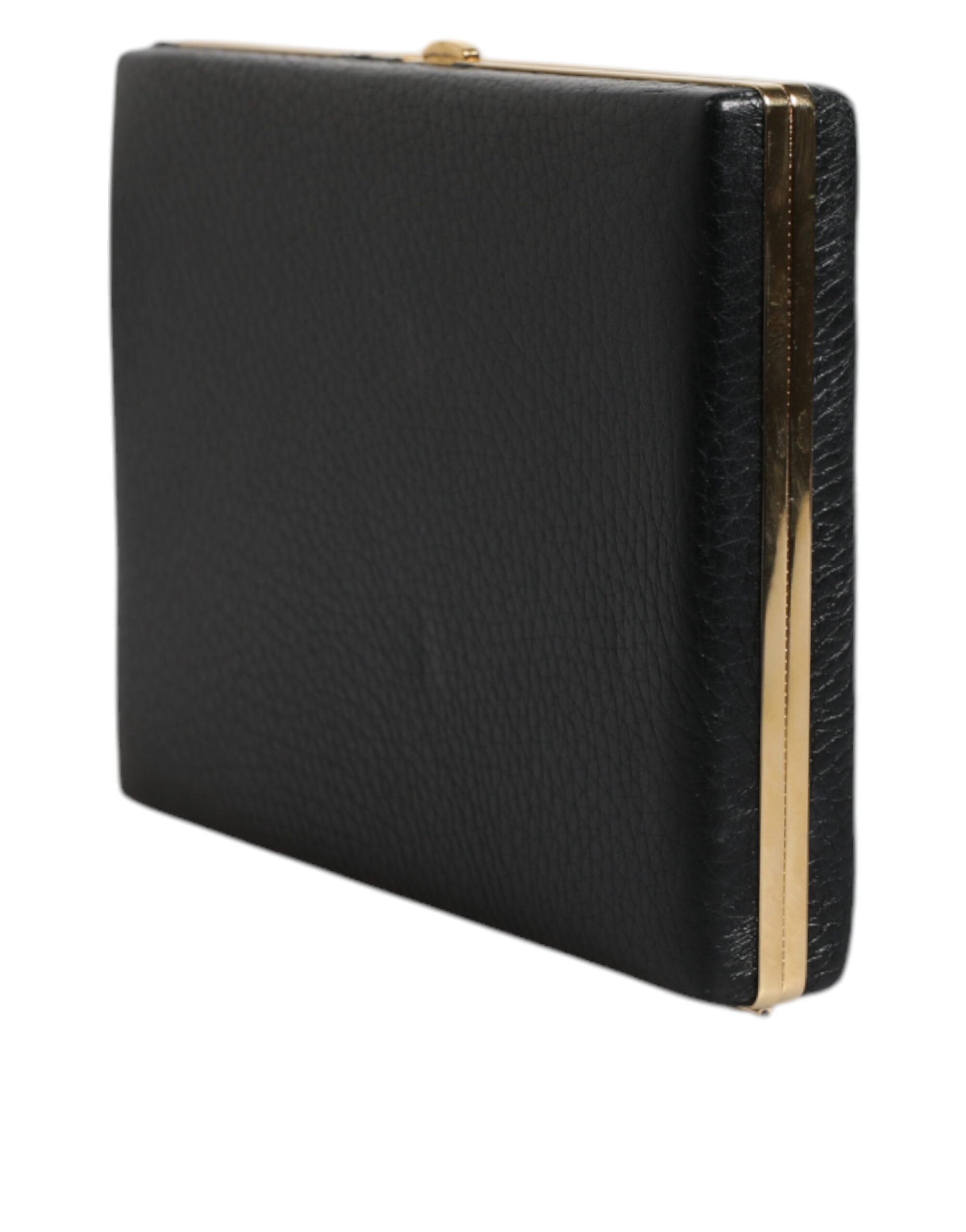 Black Leather Gold Frame Clutch Evening Party Purse Bag - ventzia