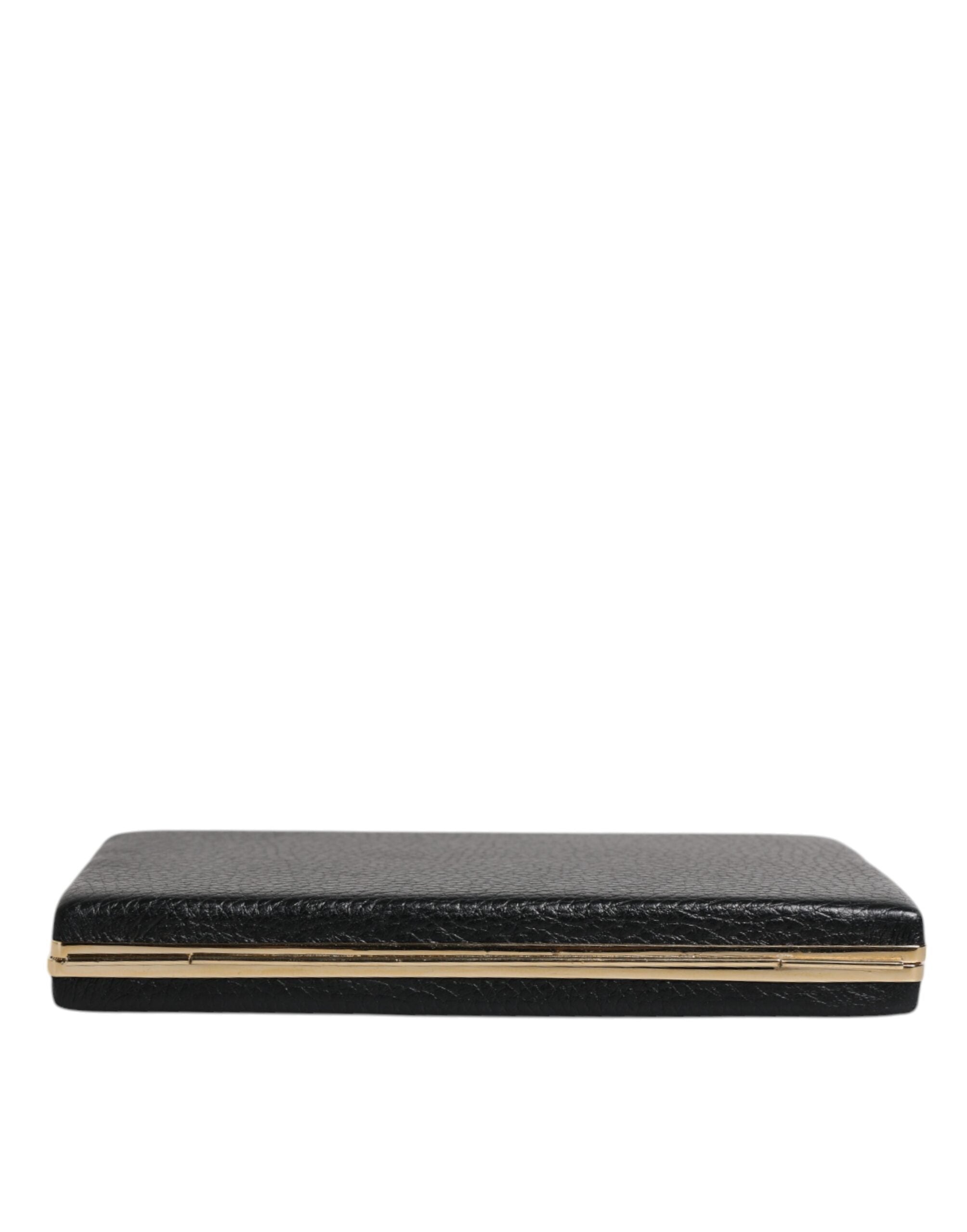 Black Leather Gold Frame Clutch Evening Party Purse Bag - ventzia