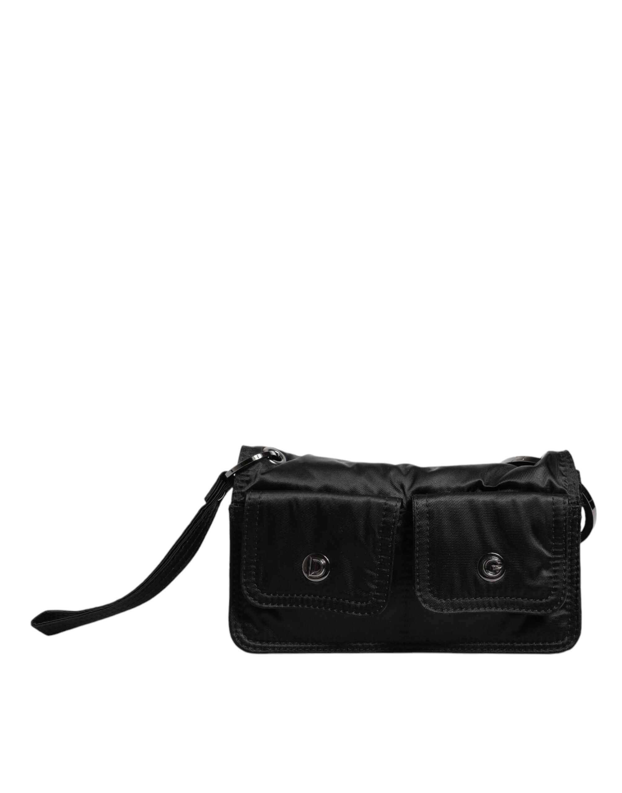 Black Fabric Logo Two Way Clutch Crossbody Bag - ventzia