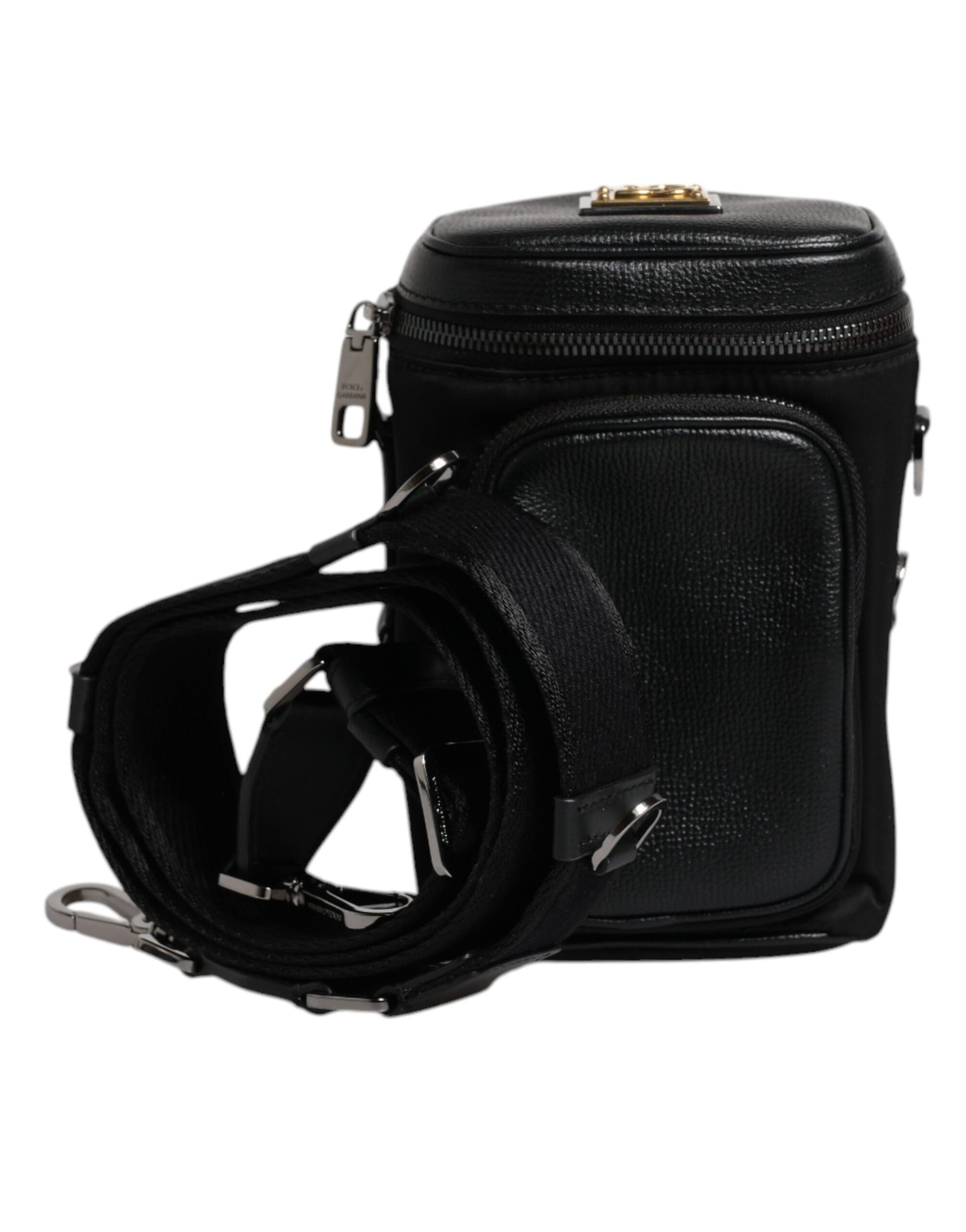Black Leather Logo Purse Crossbody Camera Bag - ventzia