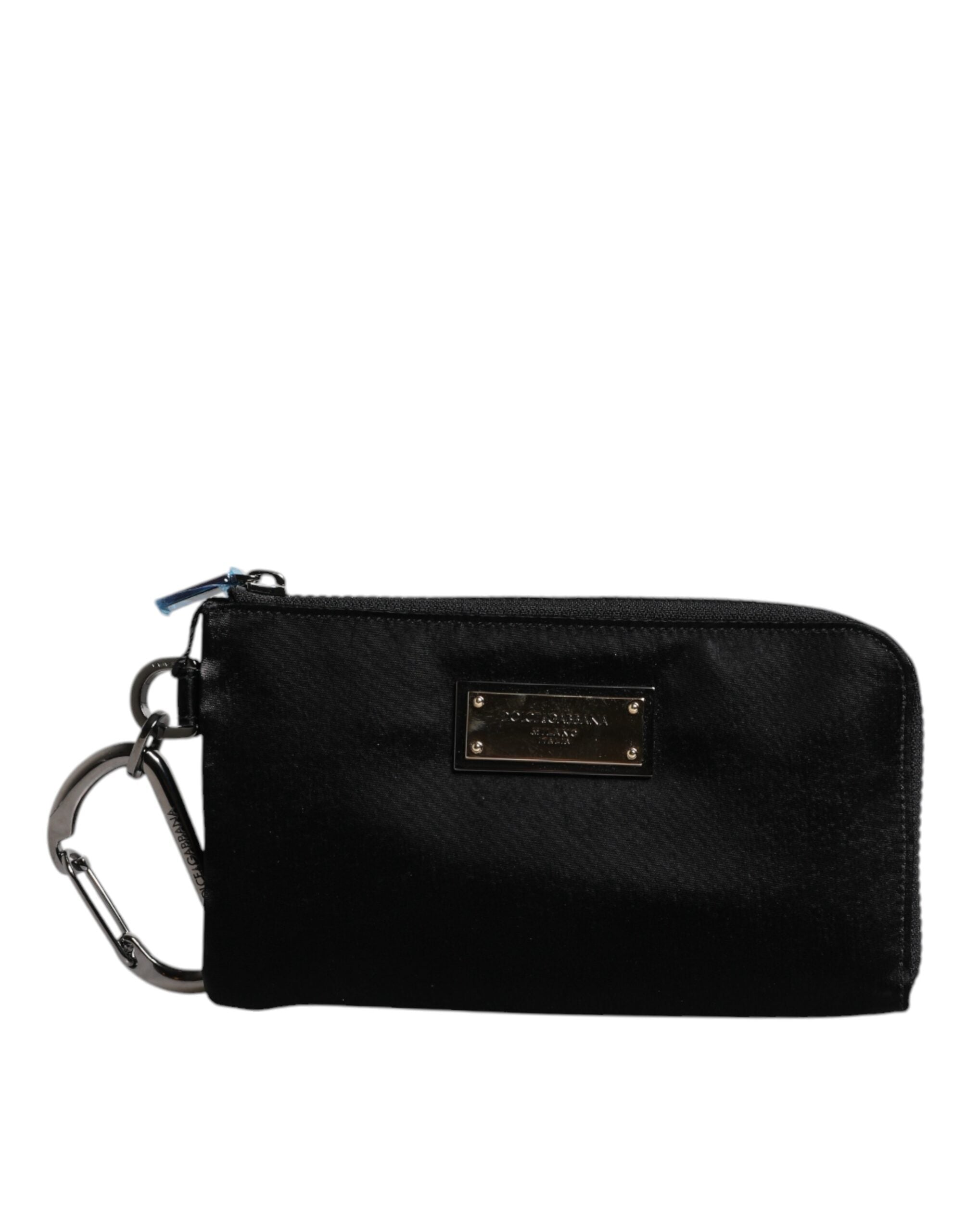 Black Nylon Logo Plaque Keyring Pouch Clutch Bag - ventzia
