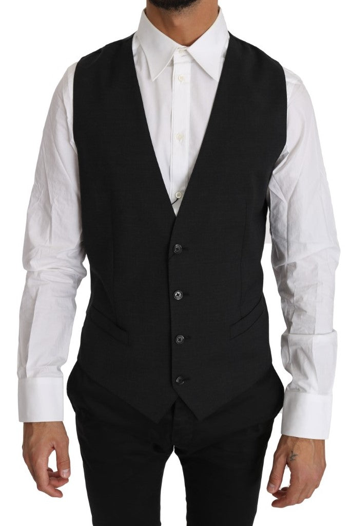 Gray Solid 100% Wool Waistcoat Vest - ventzia