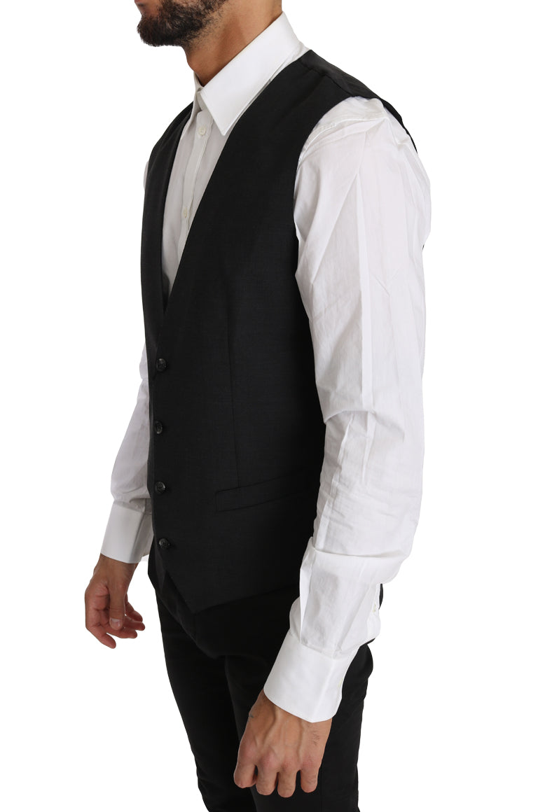 Gray Solid 100% Wool Waistcoat Vest - ventzia