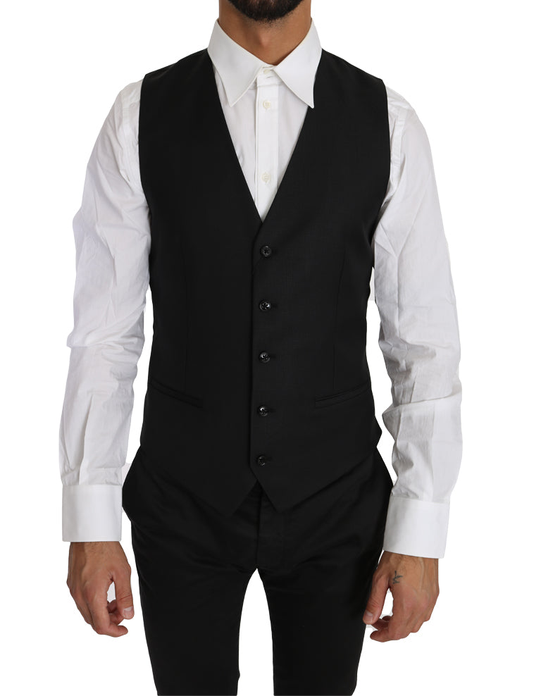 Sleek Black Wool-Silk Formal Vest - ventzia