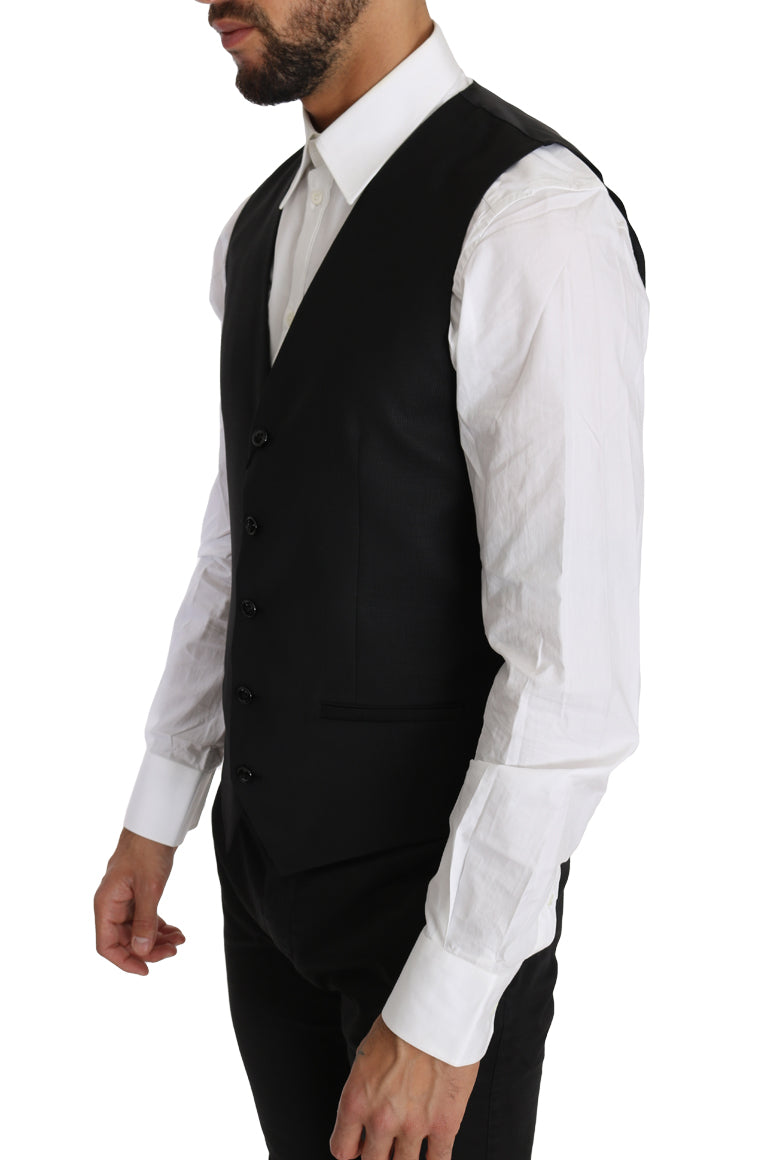 Sleek Black Wool-Silk Formal Vest - ventzia