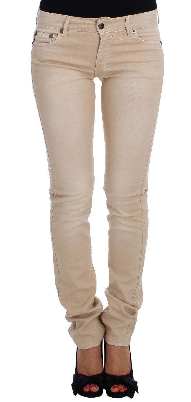 Beige Cotton Stretch Slim Fit Jeans - ventzia