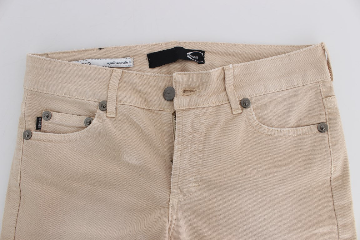 Beige Cotton Stretch Slim Fit Jeans - ventzia
