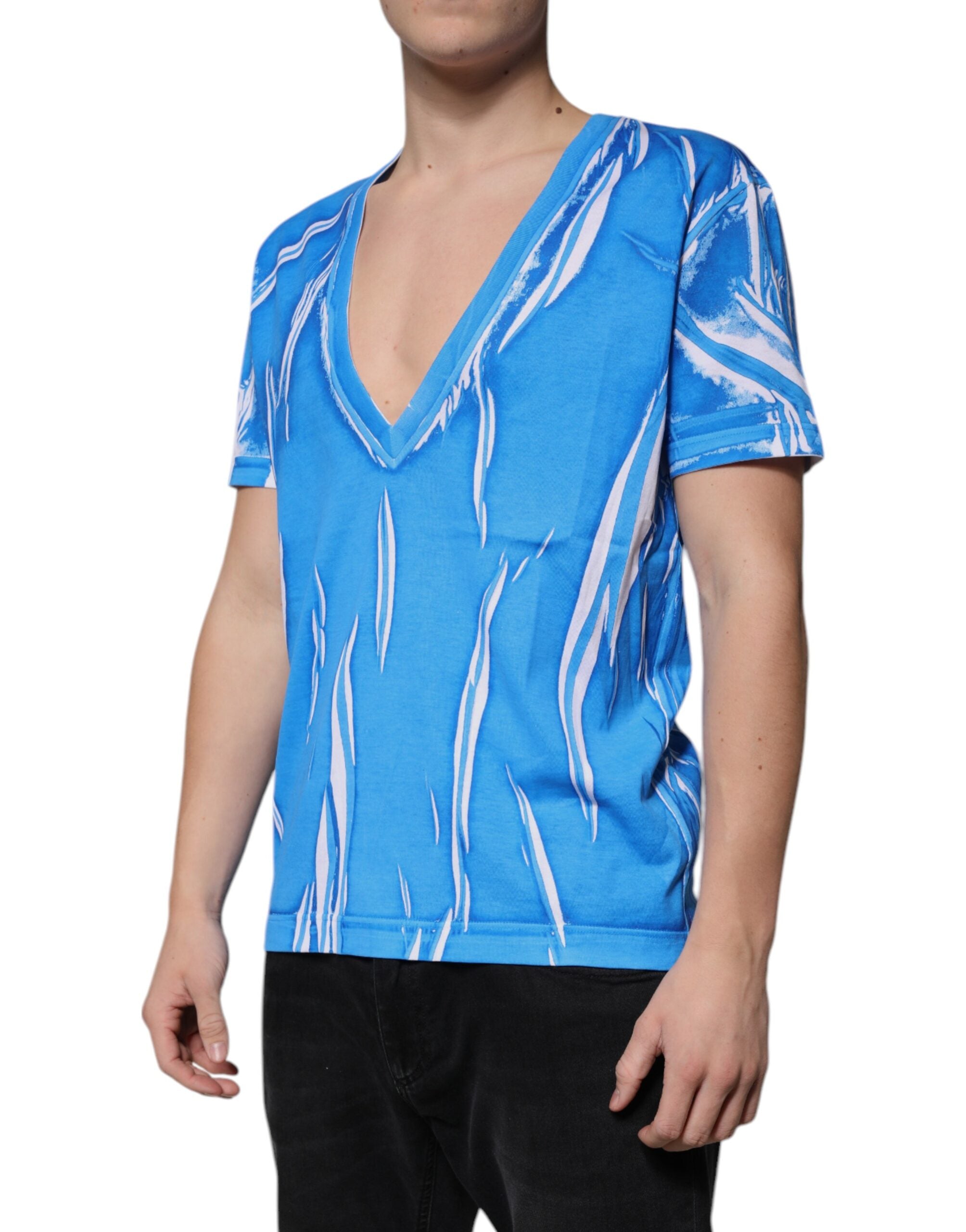 Blue Cotton V-neck Short Sleeves T-shirt - ventzia