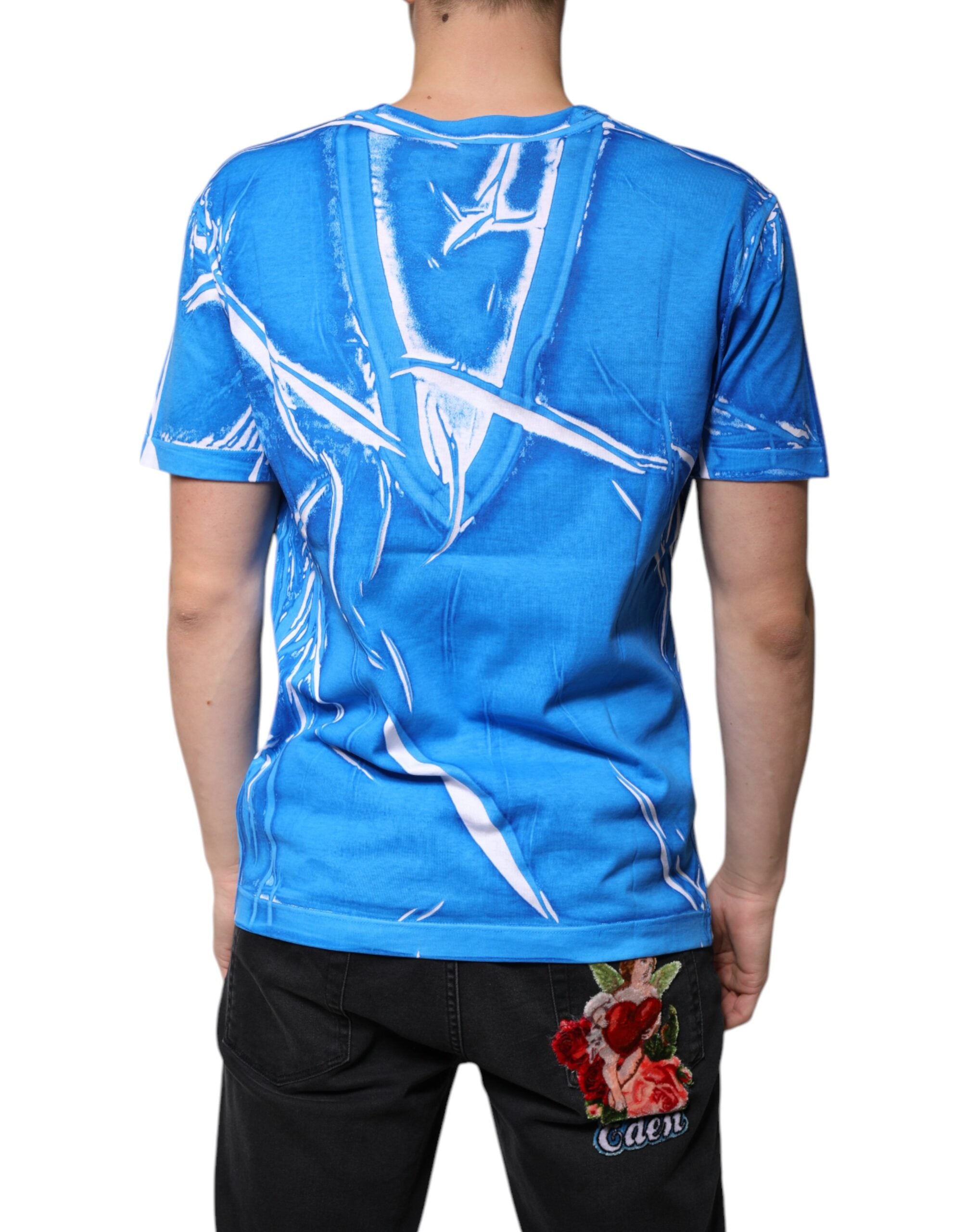 Blue Cotton V-neck Short Sleeves T-shirt - ventzia
