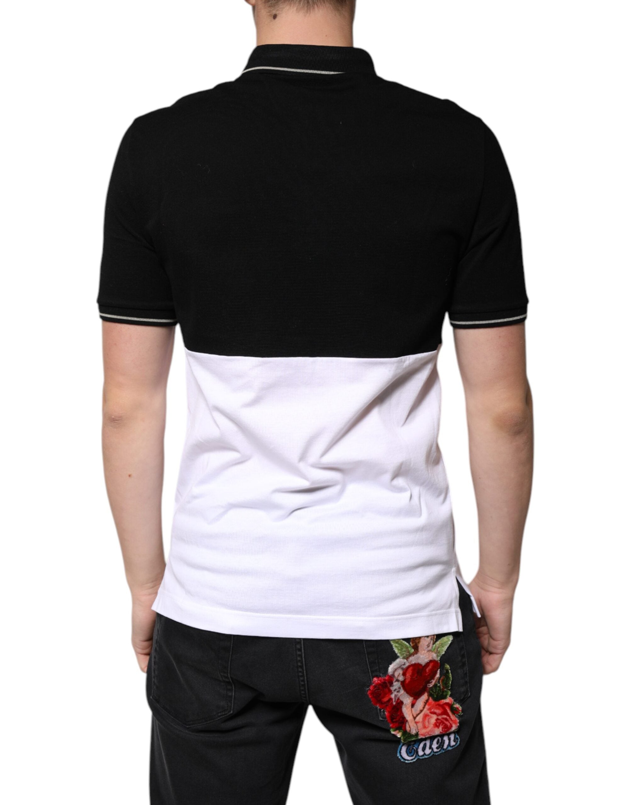 Black White Cotton Short Sleeves Polo T-shirt - ventzia