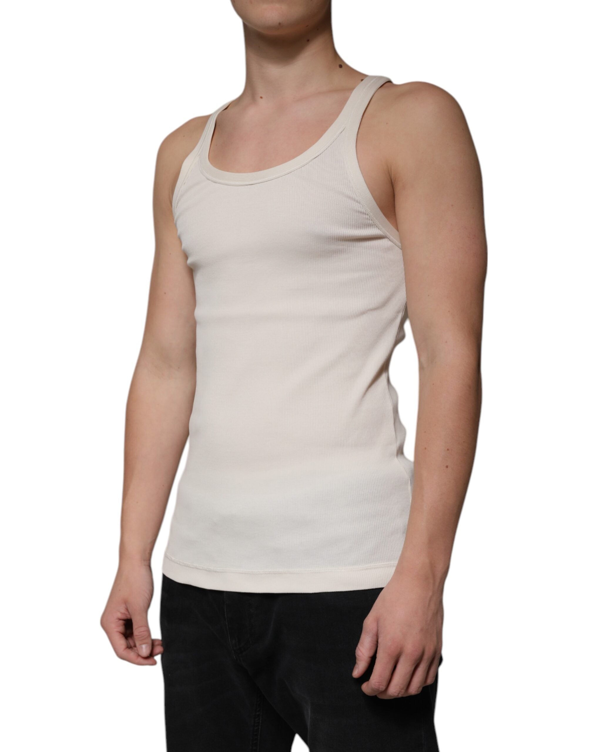 Off White Cotton Sleeveless Round Neck Tank T-shirt - ventzia