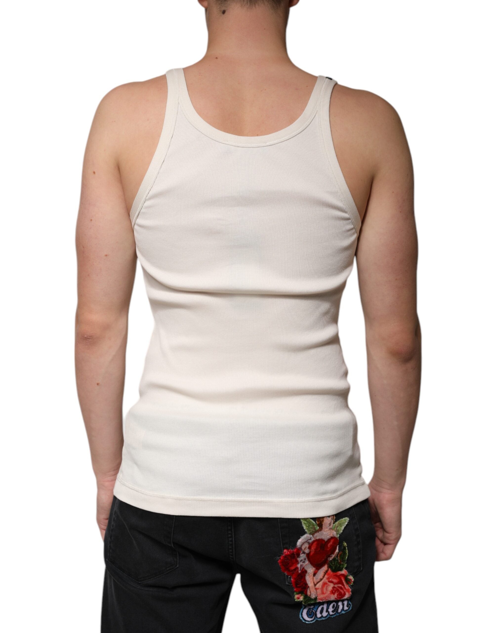 Off White Cotton Sleeveless Round Neck Tank T-shirt - ventzia