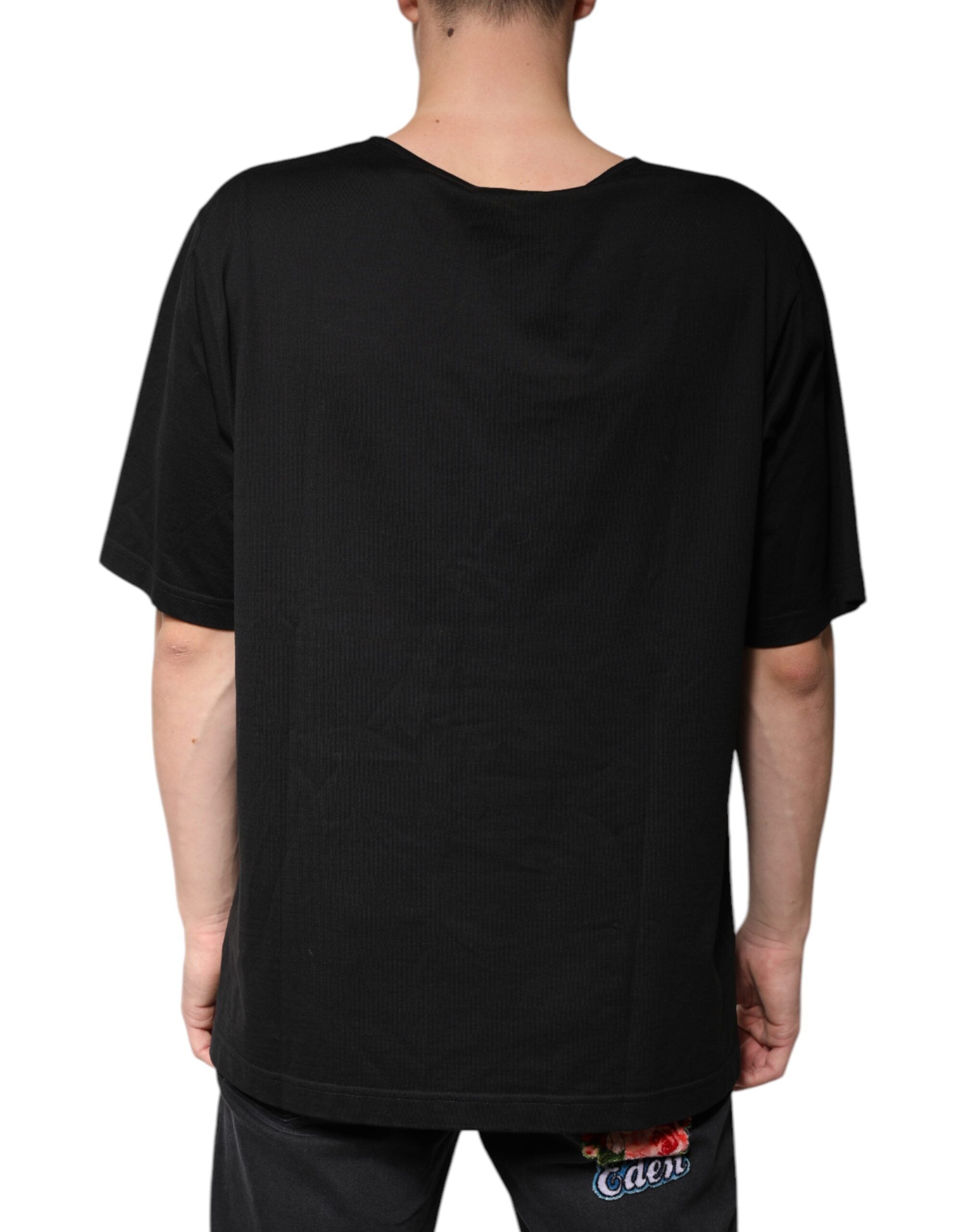 Black Cotton V-neck Short Sleeves T-shirt - ventzia