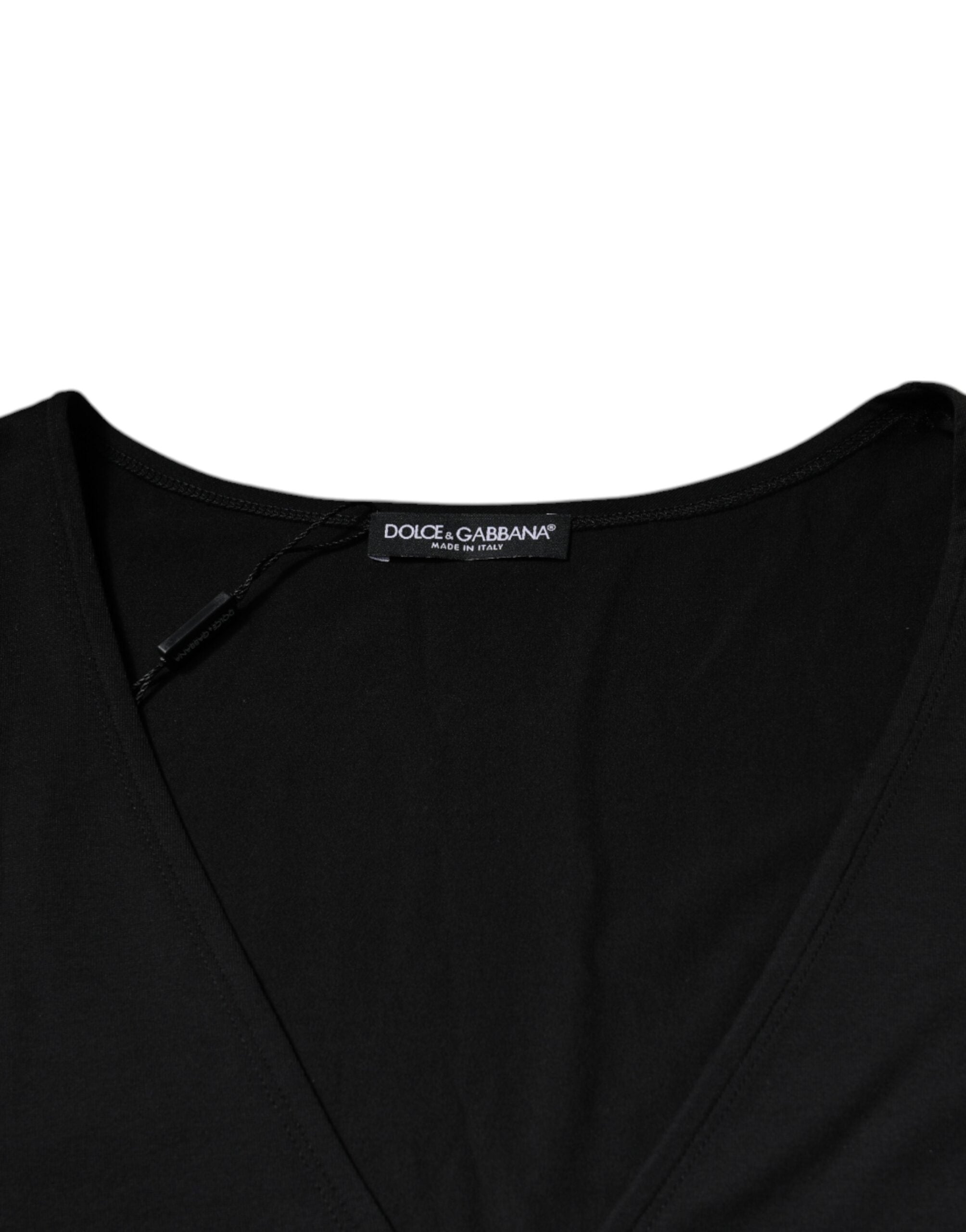 Black Cotton V-neck Short Sleeves T-shirt - ventzia