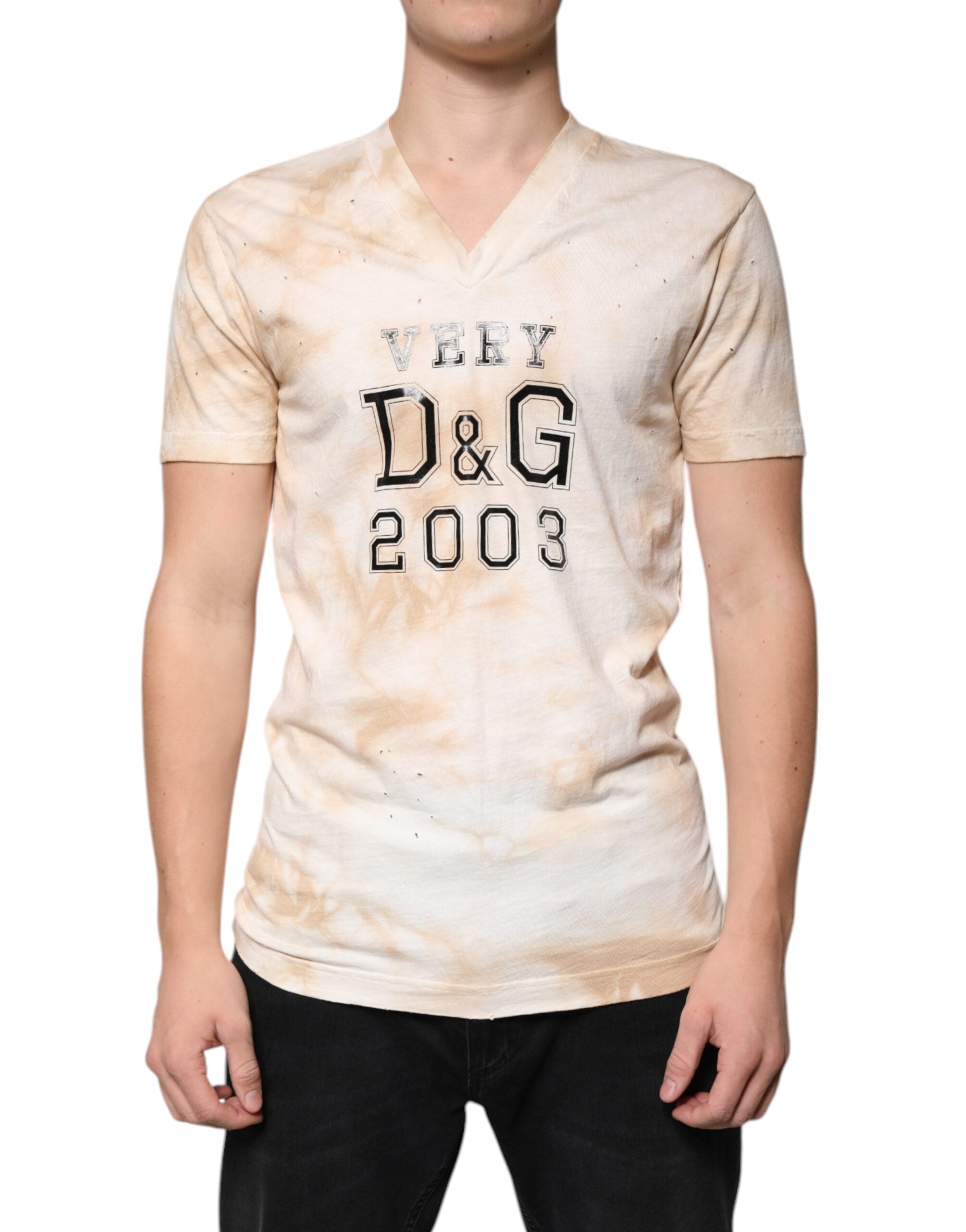 Beige Graphic Print Cotton V-neck T-shirt - ventzia