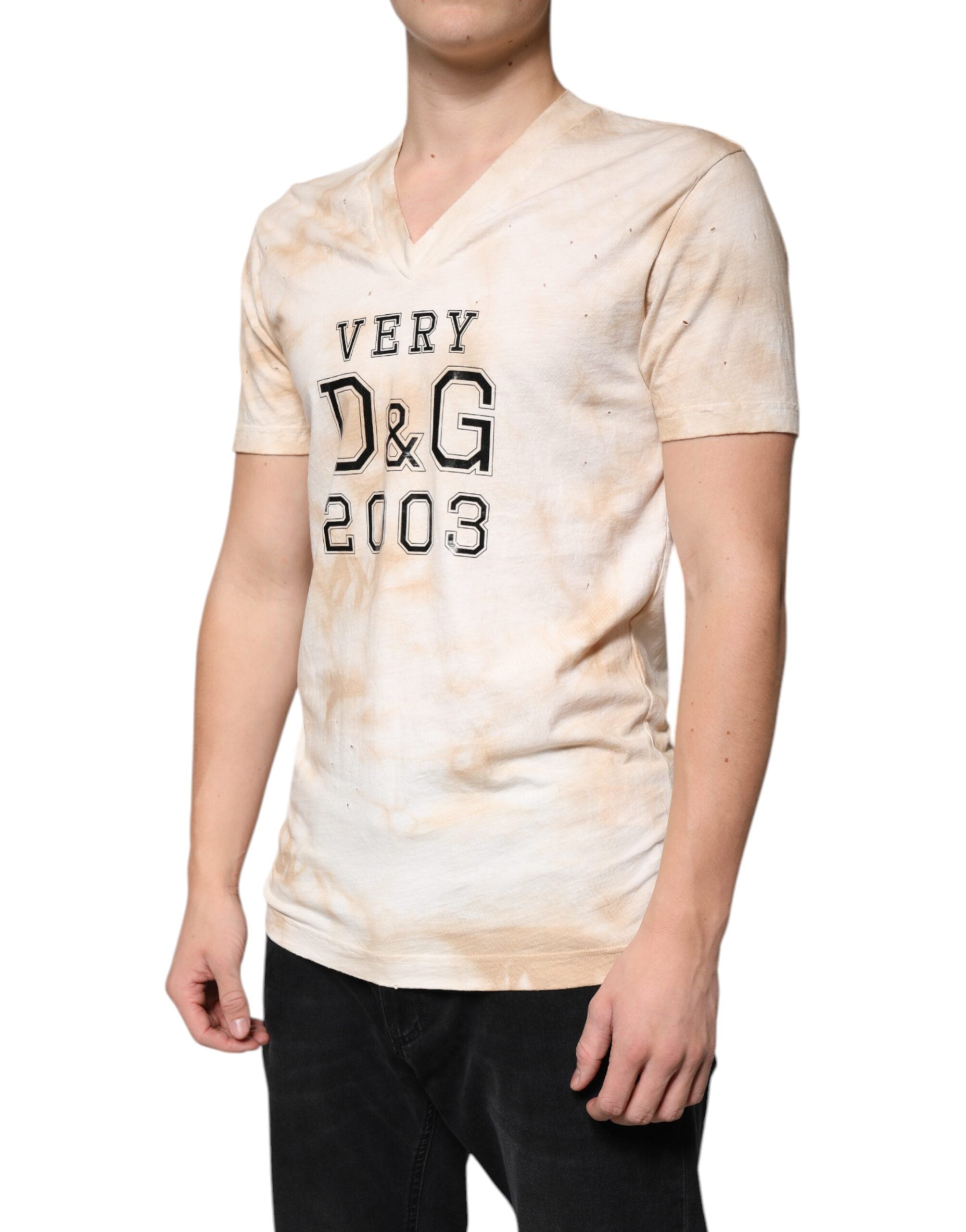 Beige Graphic Print Cotton V-neck T-shirt - ventzia