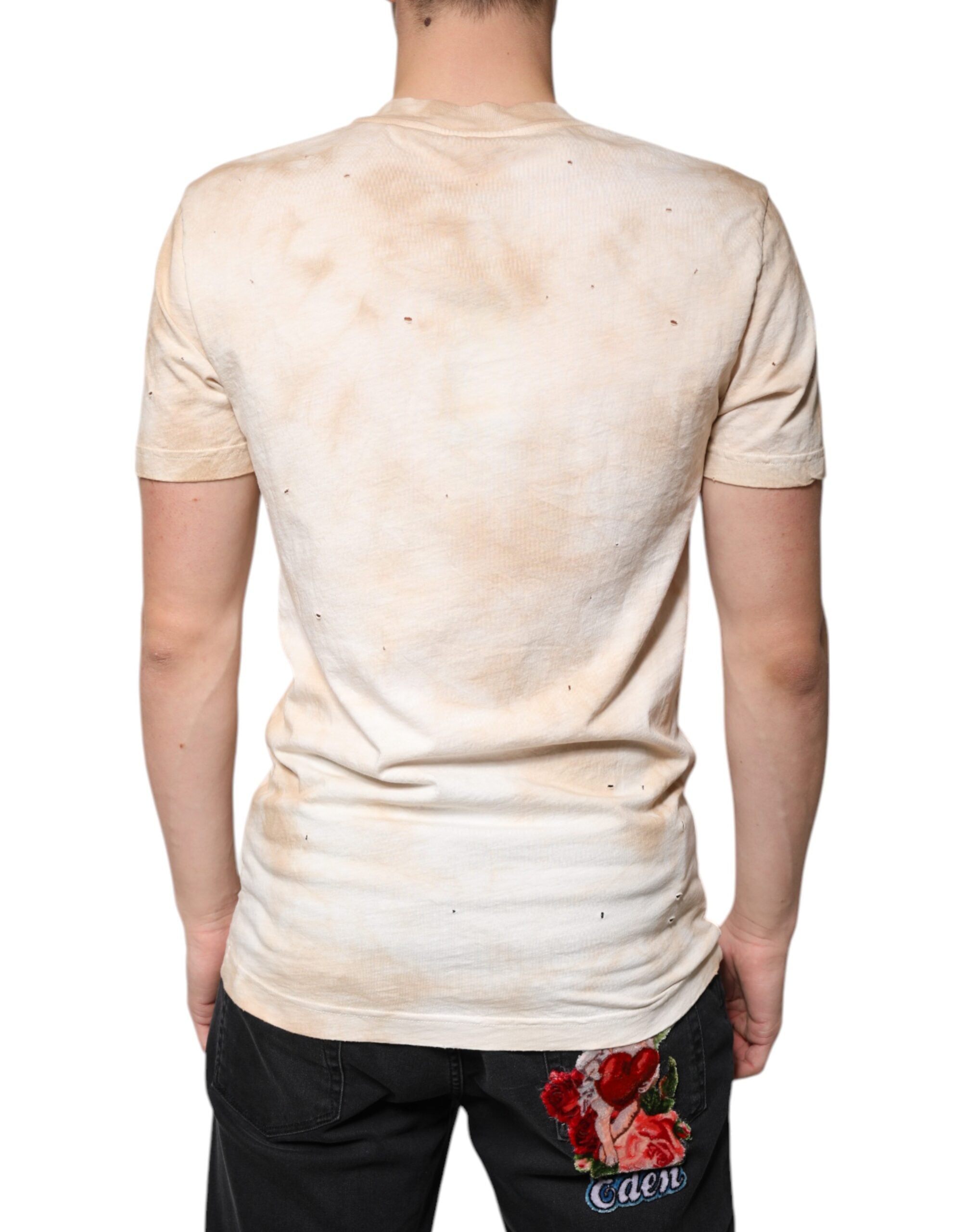 Beige Graphic Print Cotton V-neck T-shirt - ventzia