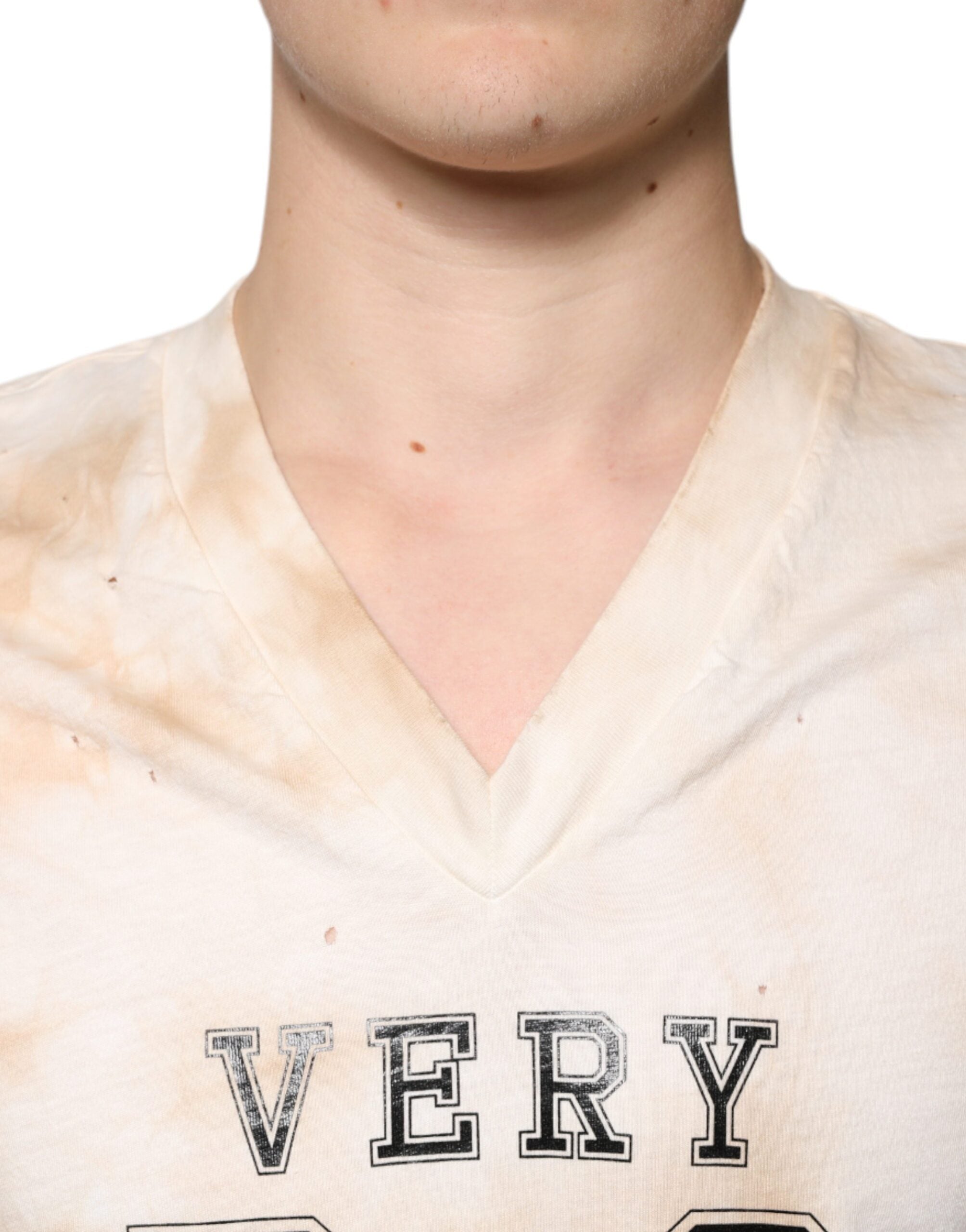 Beige Graphic Print Cotton V-neck T-shirt - ventzia