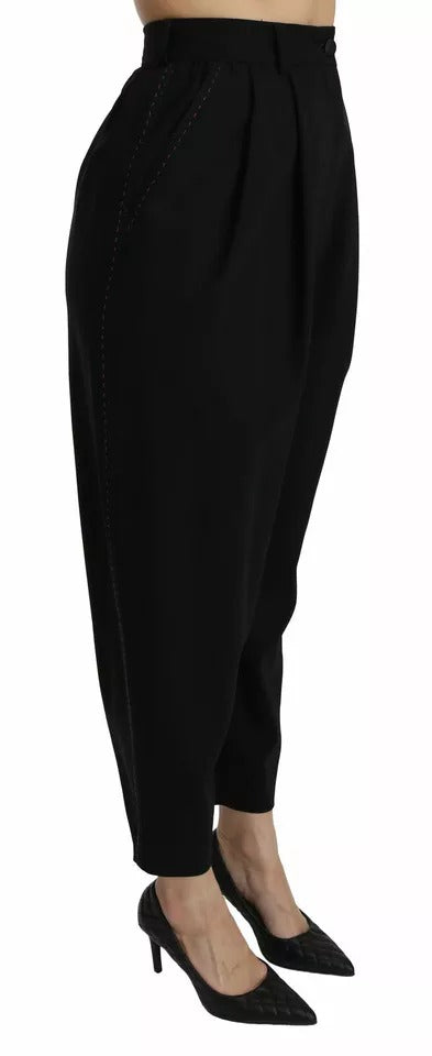 Black Wool High Waist Pleat Front Cropped Pants - ventzia