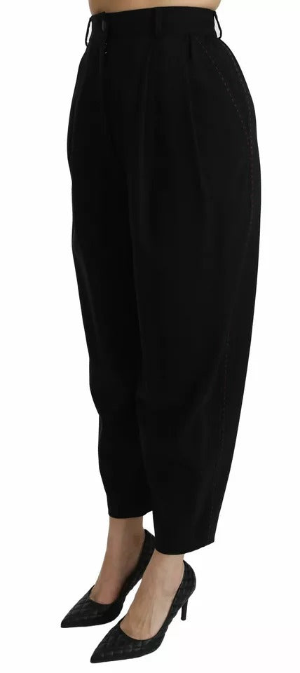 Black Wool High Waist Pleat Front Cropped Pants - ventzia
