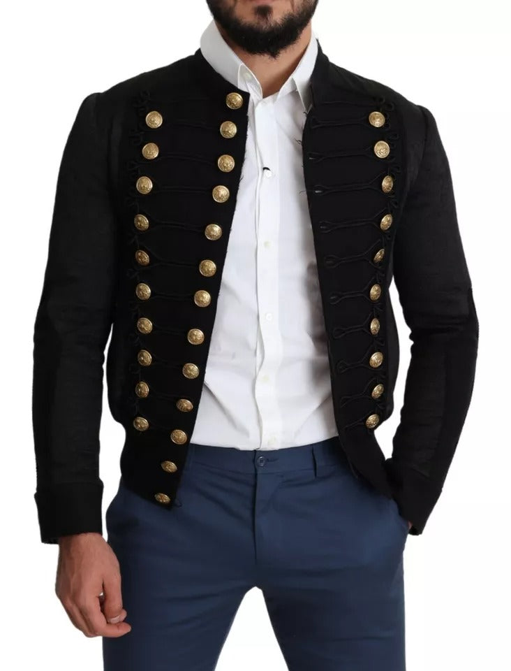 Black Button Embellished Military Jacket - ventzia