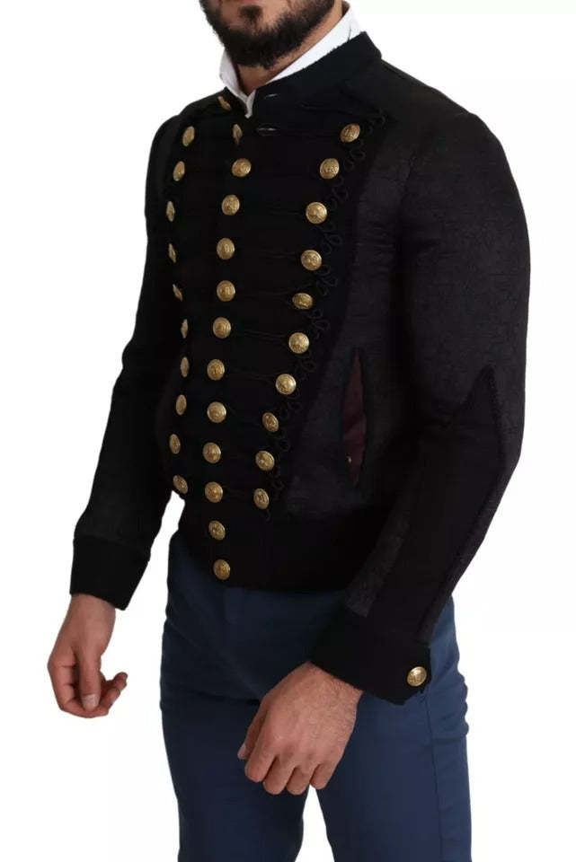 Black Button Embellished Military Jacket - ventzia