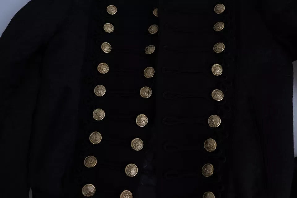 Black Button Embellished Military Jacket - ventzia