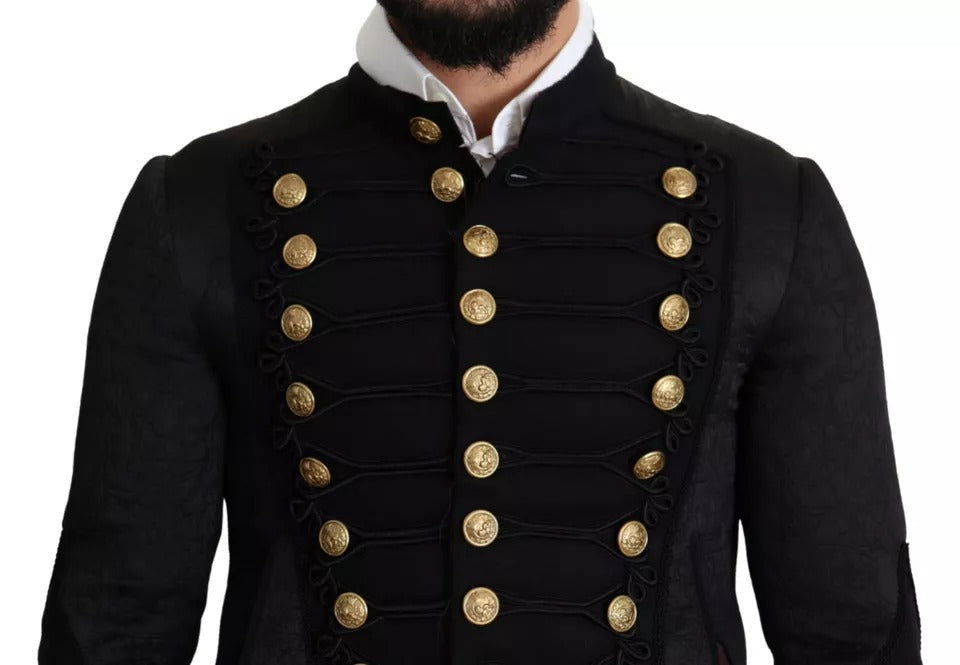 Black Button Embellished Military Jacket - ventzia