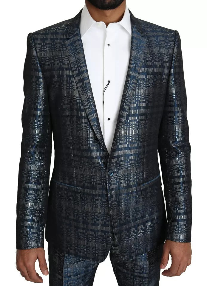 Blue Silver Shiny 2 Piece Slim GOLD Suit - ventzia