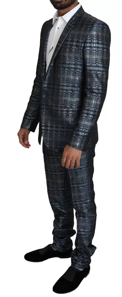 Blue Silver Shiny 2 Piece Slim GOLD Suit - ventzia