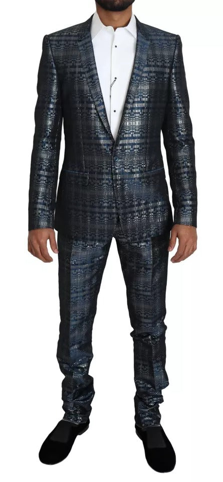 Blue Silver Shiny 2 Piece Slim GOLD Suit - ventzia