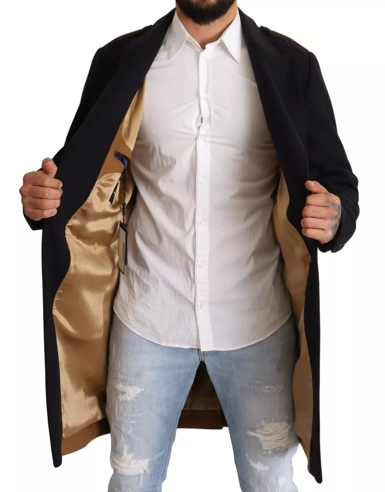 Blue Trench Coat Long Wool Stretch Jacket - ventzia