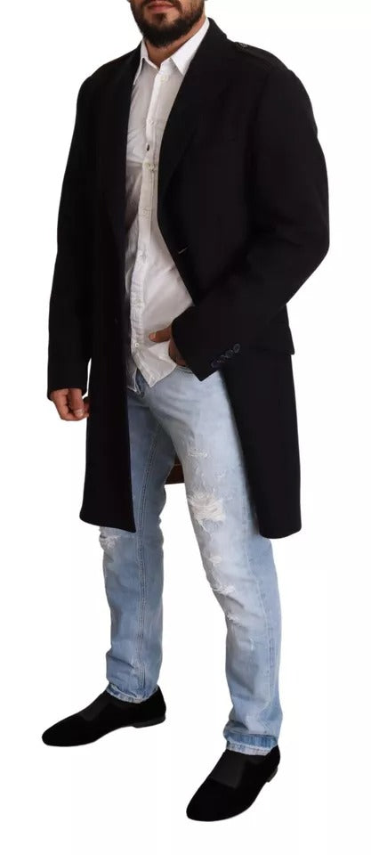 Blue Trench Coat Long Wool Stretch Jacket - ventzia