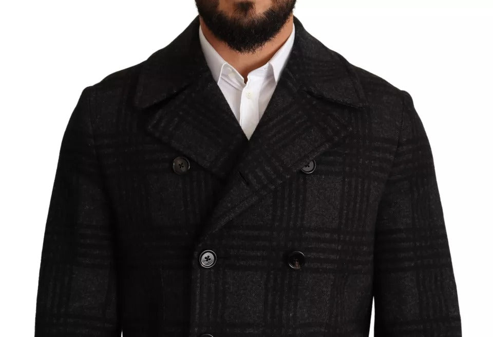 Black Trench Coat Check Wool Jacket - ventzia