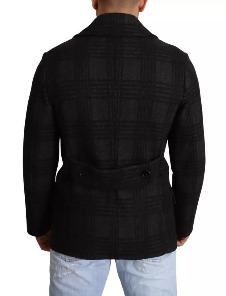 Black Trench Coat Check Wool Jacket - ventzia