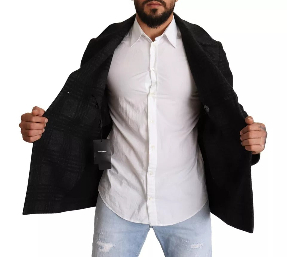 Black Trench Coat Check Wool Jacket - ventzia