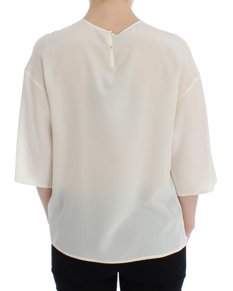 Ivory Sequined Silk Blouse Top - ventzia