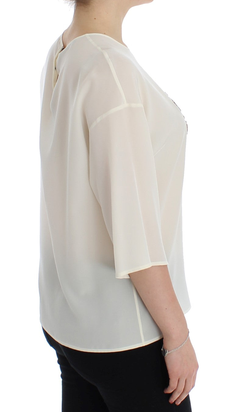 Ivory Sequined Silk Blouse Top - ventzia