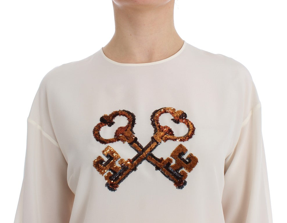 Ivory Sequined Silk Blouse Top - ventzia
