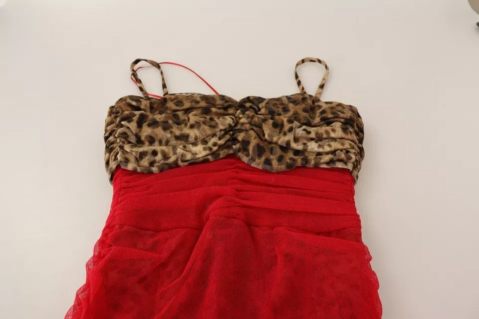 Brown Leopard Red Tulle Sheath Midi Dress - ventzia