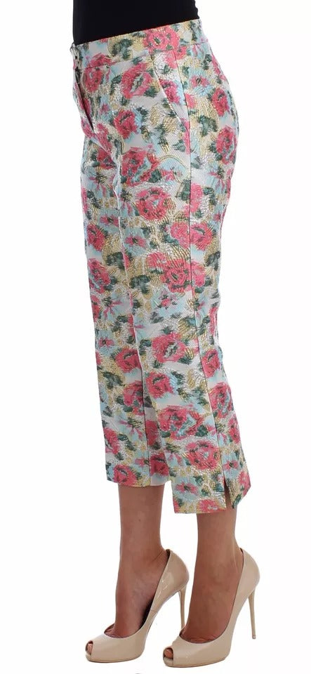White Pink Floral Brocade Pants - ventzia